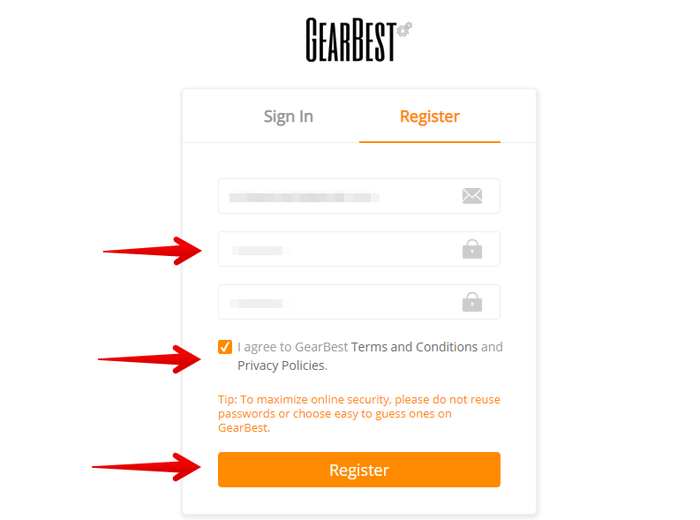 GearBestに登録するメールアドレスとパスワードを記入
