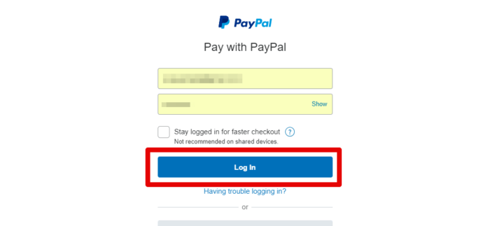 PayPalのログイン画面