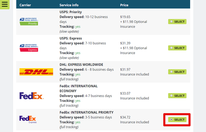 Planet Expressで利用可能な配送業者はUSPS、DHL、FedExの3つ