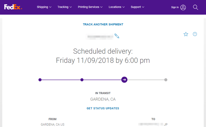 Planet Expressから発送された荷物の配送状況追跡（FedEx）