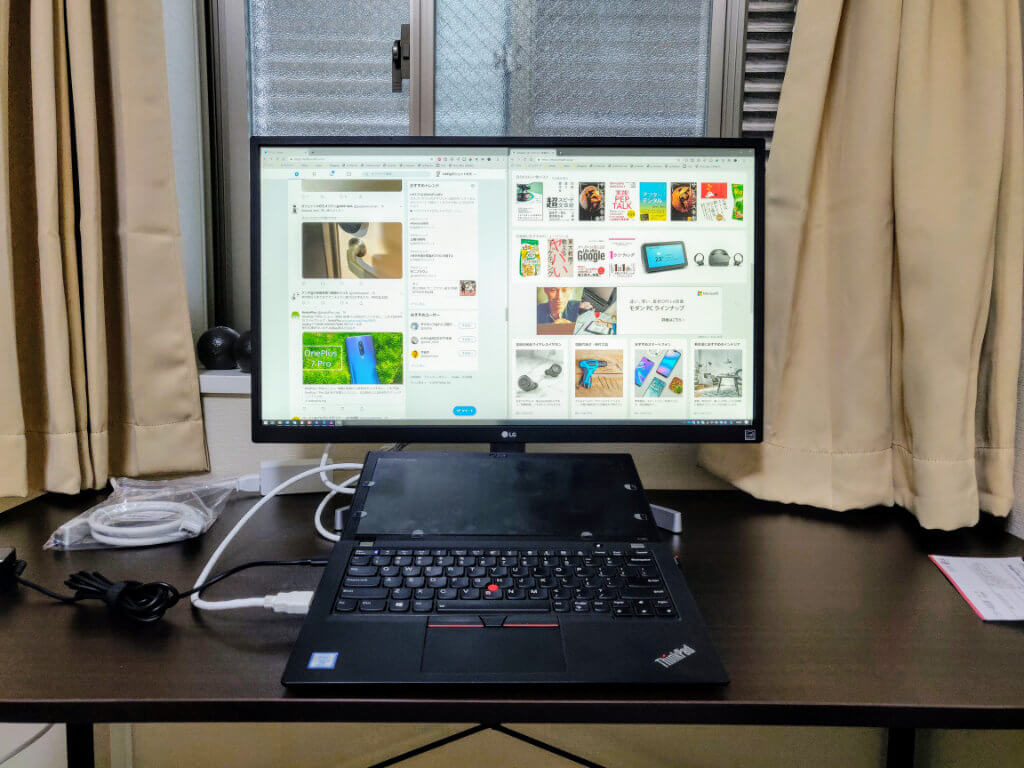 サンワダイレクト シンプルワークデスク 横120cm×奥行60cmに、27インチのディスプレイと12インチのThinkPad X280を置いたところ