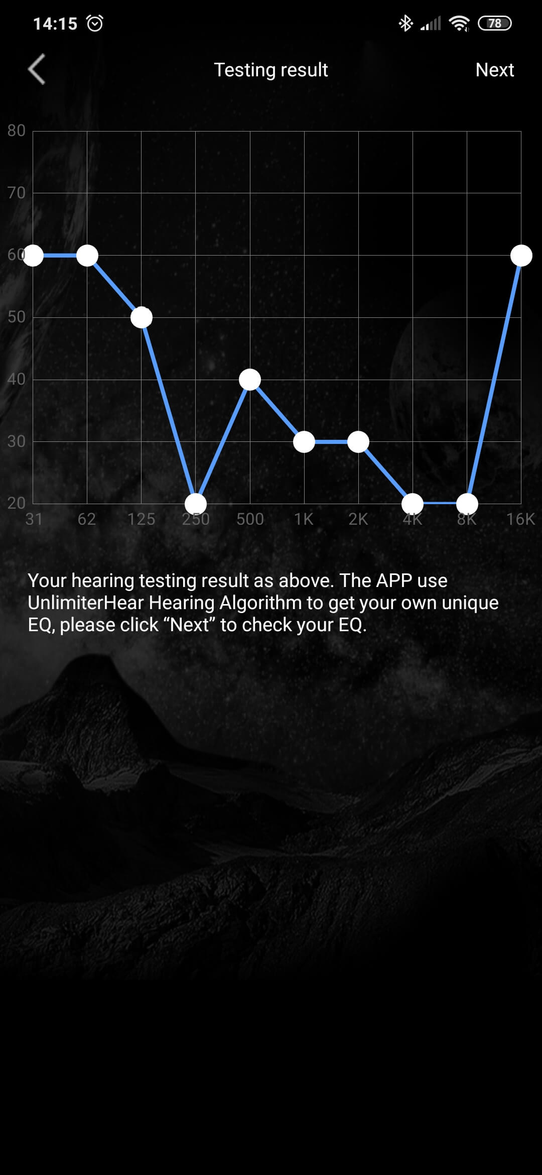 COUMI Ear Soul TWS-817Aのイコライザアプリ 聞こえ方のテスト結果画面