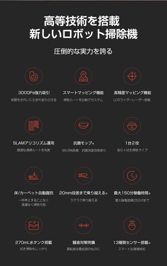 Dreame D9ロボット掃除機 主要機能一覧のインフォグラフィック