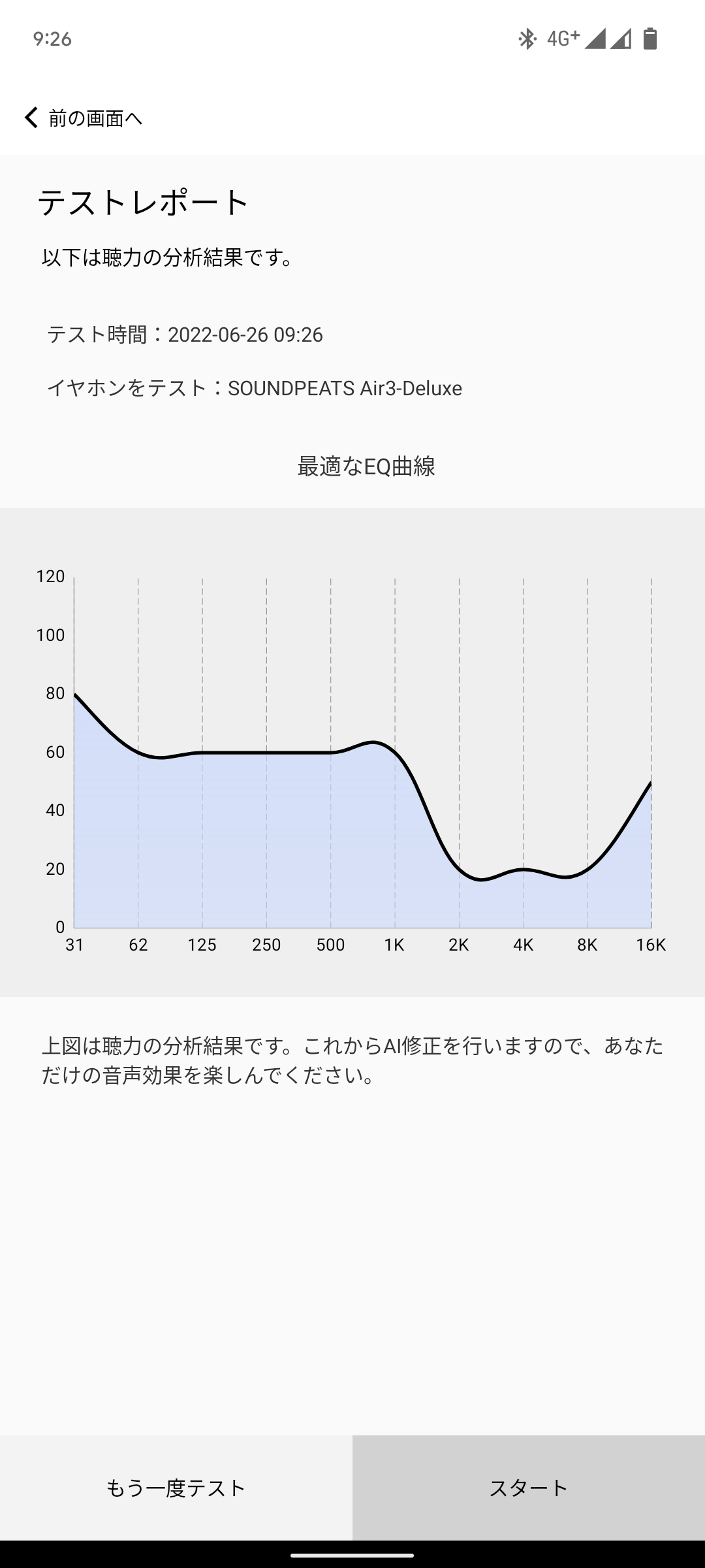 SoundPEATS Air3 Deluxe レビュー 専用アプリ 自動イコライザ調整 聴力テストの結果