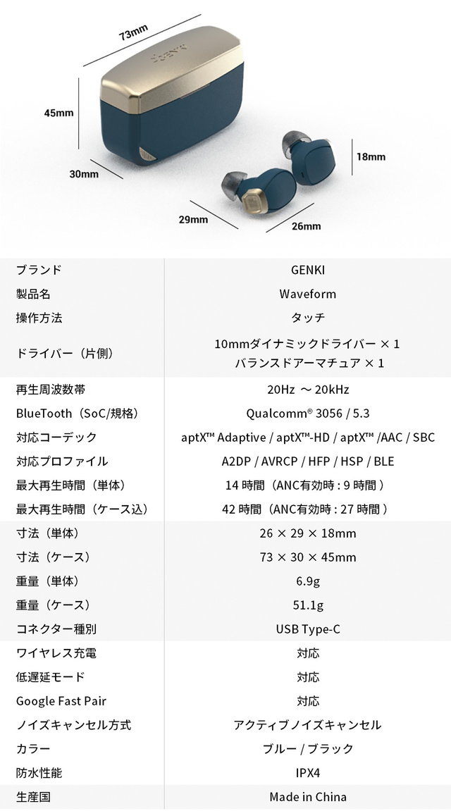 GENKI Waveform 完全ワイレスイヤホン スペック